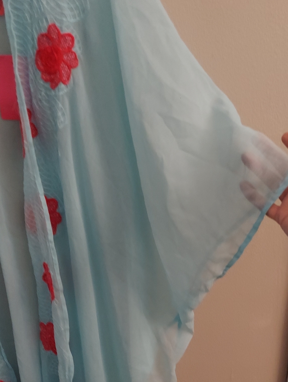 Betsey Johnson Light Blue Sheer Chiffon Kimono Cardigan Pink Floral Applique OS - Picture 6 of 12